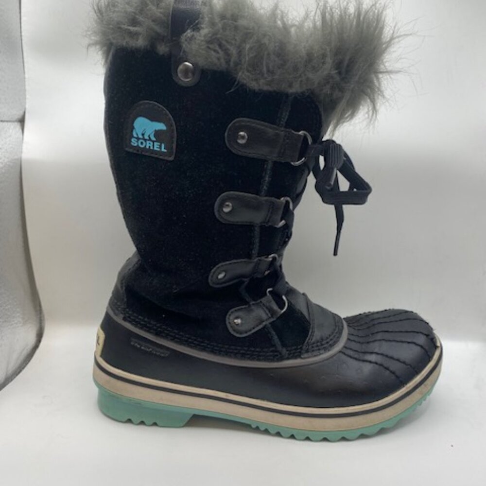 Kids SOREL black and blue lace up snow boots faux fur - Picture 6 of 13
